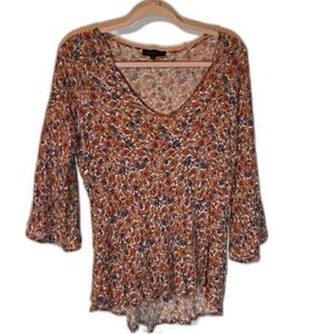 Rachel Zoe Blouse M Blue & Pink Floral 3/4 Bell Sleeves V-Neck Modern Bohochic